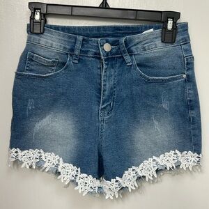 Lace Trim Denim Shorts, Sexy Jean Hotpants, Blue W/ White Lace Detail, Sz.M